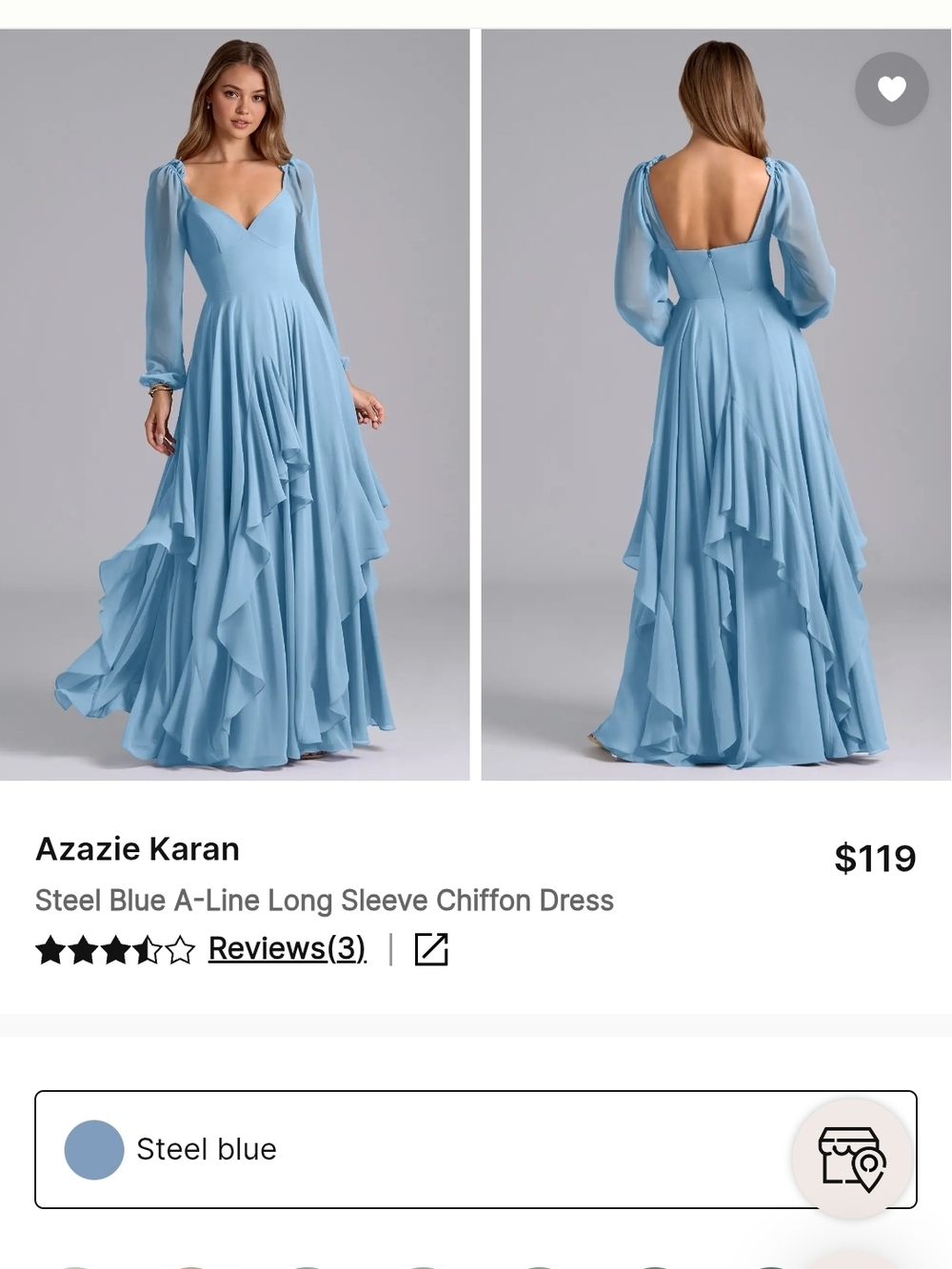 Azazie Steel Blue Chiffon A-Line Long Sleeve Ruffle Gown